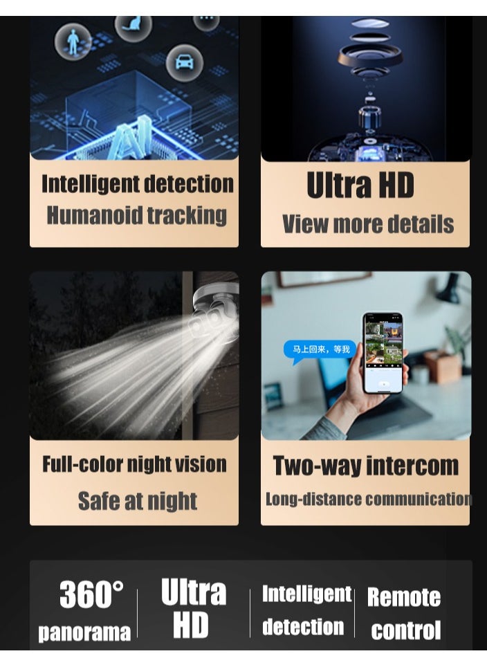 Wifi Security Camera with 3 Channel Camera, 360° View, 2.4 GHz Wi-Fi, SD/Cloud Storage, AI/Motion Detection.