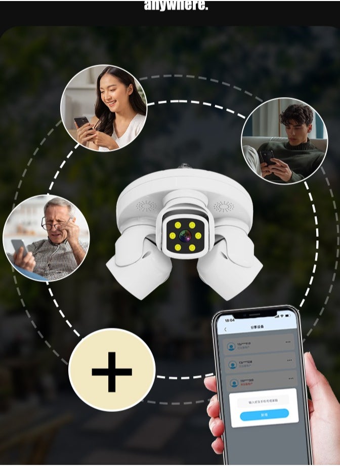 Wifi Security Camera with 3 Channel Camera, 360° View, 2.4 GHz Wi-Fi, SD/Cloud Storage, AI/Motion Detection.