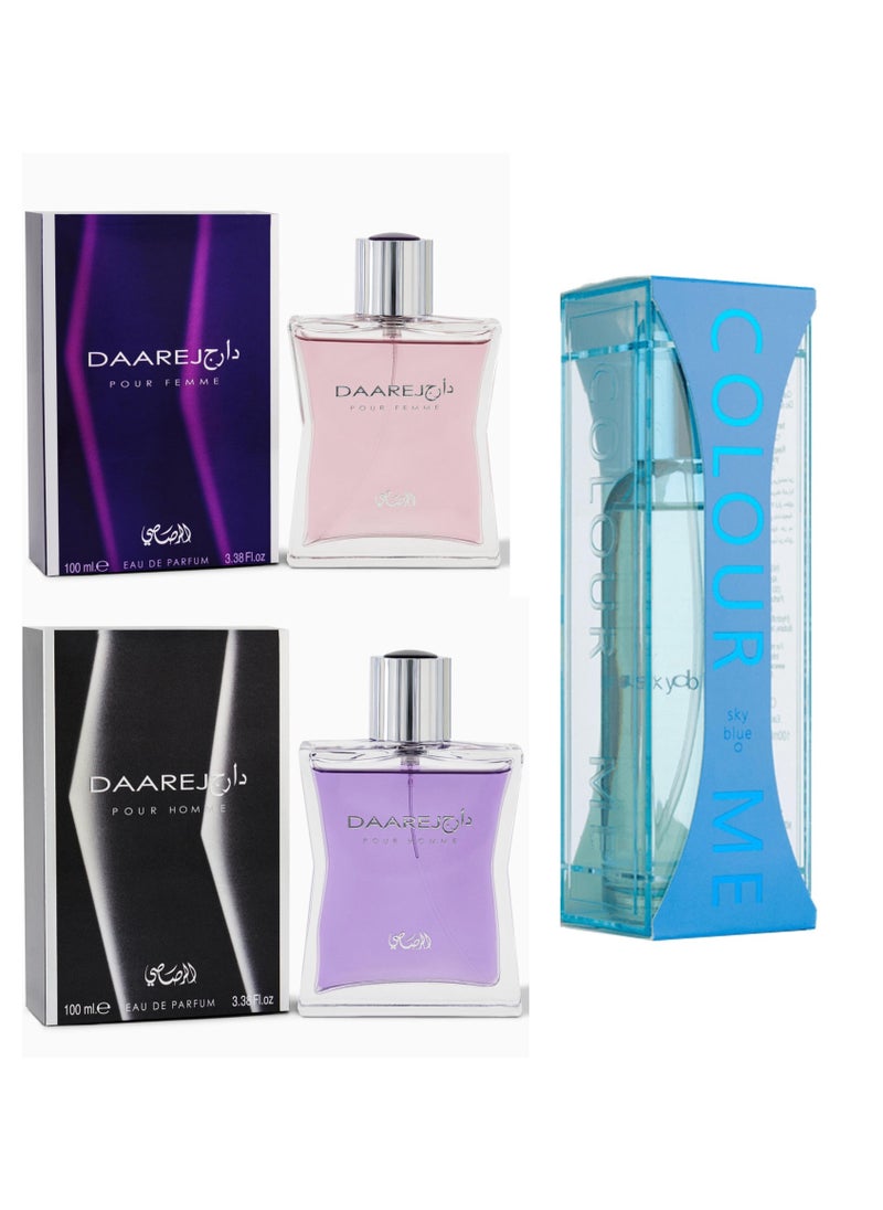 Perfume Combo Set Rasasi Daarej for Men 100ml and Daarej for Women 100ml & Colour Me Sky Blue 100ml