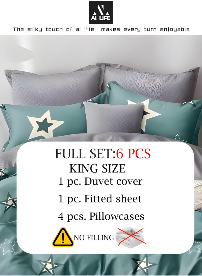 AI LIFE 6-Piece Luxury King Size Bed Sheet Set – Includes 1 Duvet Cover (220x240cm), 1 Fitted Sheet (200x200+30cm), and 4 Pillow Cases (50x75cm)