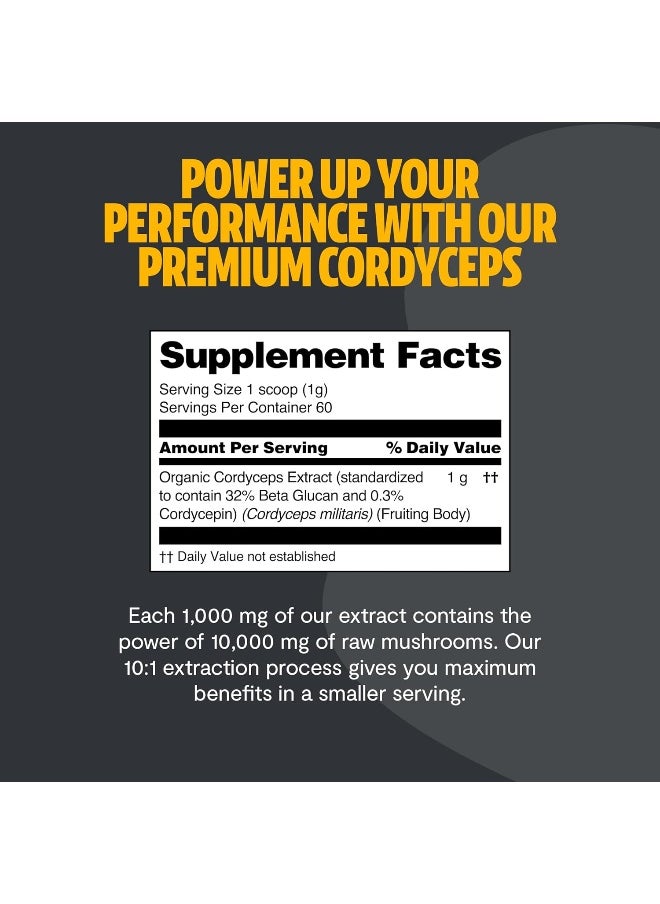 HERO - Cordyceps Mushroom Extract Powder - USDA Organic - 60 g - Supplement - Energy and Endurance - Add to Coffee/Tea/Smoothies - Real Fruiting Body No Fillers
