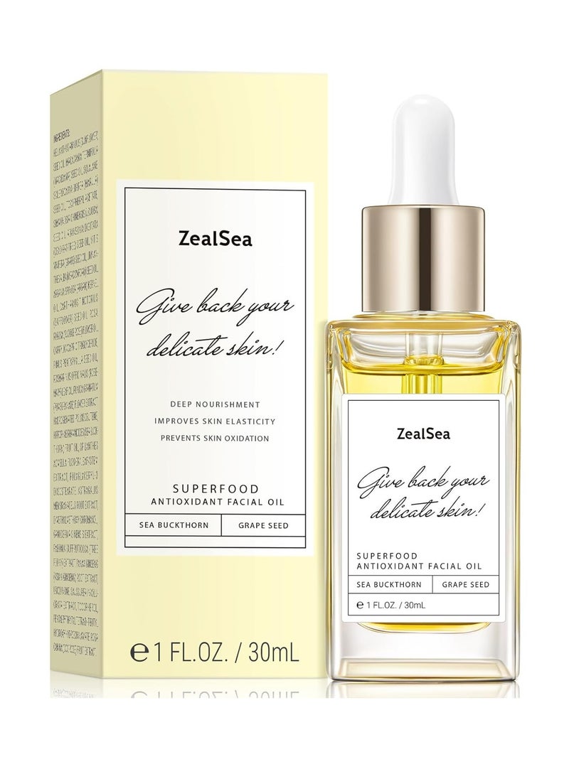 ZealSea Superfood Antioxidant Face Oil: Facial Oil with Antioxidant Rich Plant-Based Oils Hydrating Moisturizing and Smooth Dry Skin Care Gua Sha Massage Skin Therapy Oil for Women Men, 1 Fl Oz
