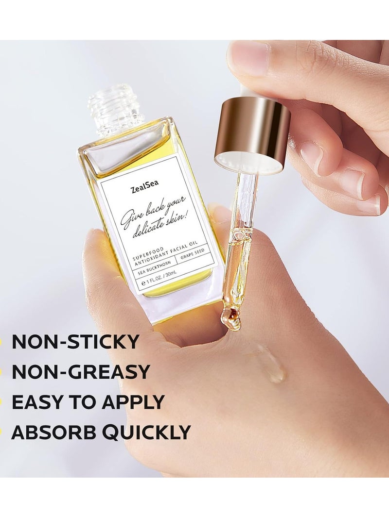 ZealSea Superfood Antioxidant Face Oil: Facial Oil with Antioxidant Rich Plant-Based Oils Hydrating Moisturizing and Smooth Dry Skin Care Gua Sha Massage Skin Therapy Oil for Women Men, 1 Fl Oz