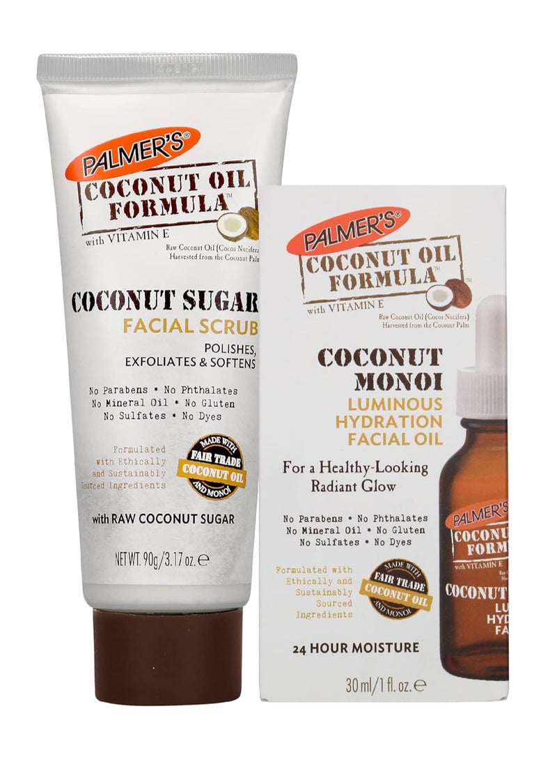 Palmer's Face Oil + Face Scrub, Coconut Oil Formula with Vitamin E Skin Care Bundle, Made with Fair Trade Coconut Oil & Monoi, Includes 1 Facial Oil (1 fl oz) and 1 Face Exfoliator (3.17 oz)