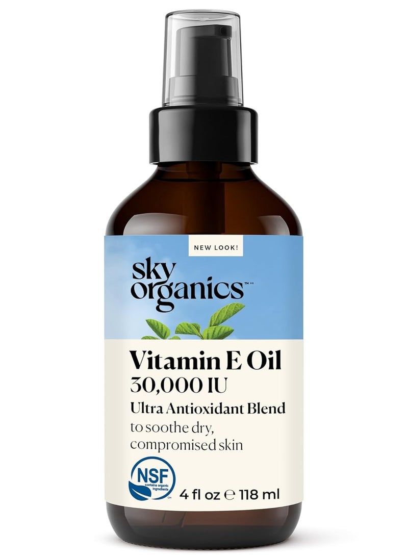 Sky Organics Vitamin E Oil Blend for Face, Organic Antioxidant Facial Oil, 30,000 IUs to Deliver Reparative Moisture and Soothe Dry, Damaged Skin, 100% Pure & Cold-Pressed, 3.97 fl oz, 117 ml