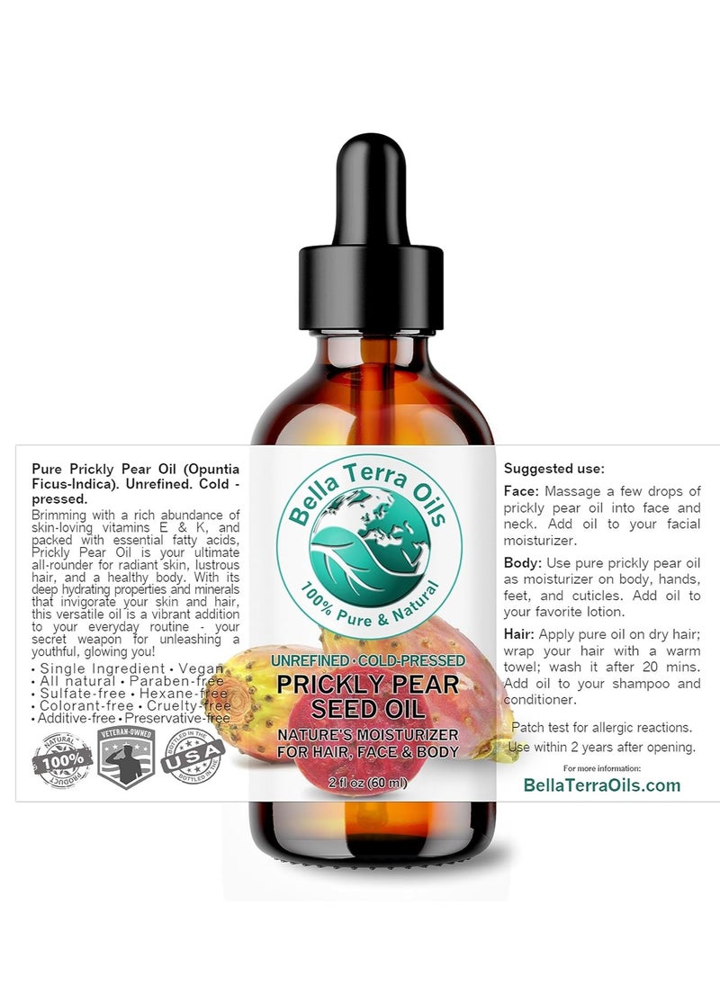 Bella Terra Oils - Prickly Pear Seed Oil 2 oz - Cold-Pressed Excellence, Packed with Vitamin E, Linoleic Acid, and Betalains, A Luxurious Touch for the Face