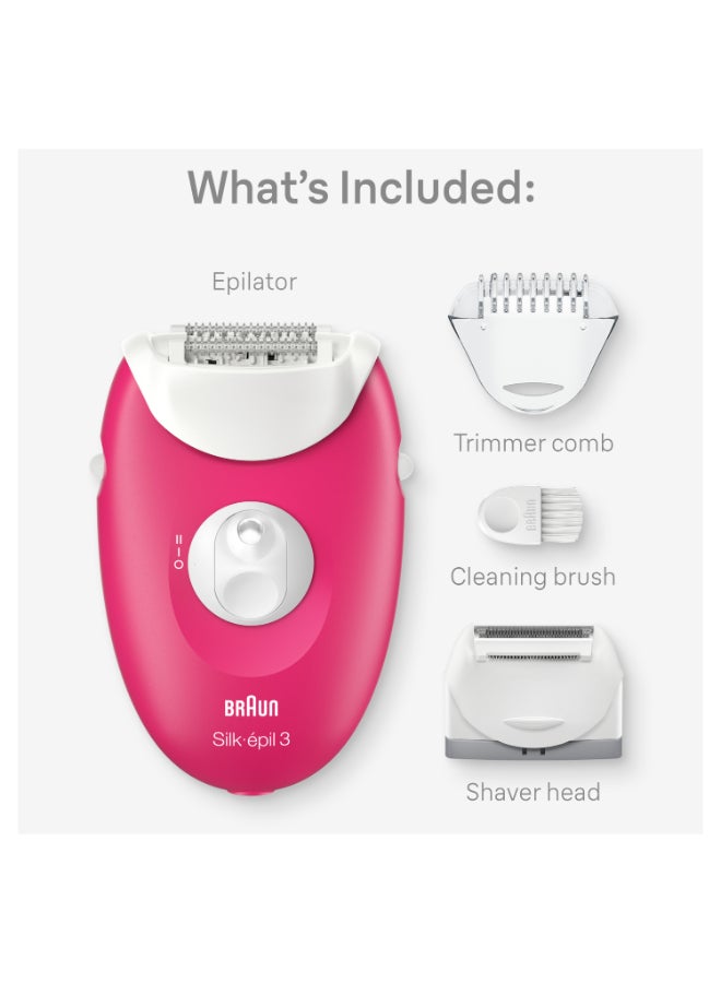 Silk-Epil 3, Easy Hair Removal Device, Smart Light, 20 Microgrip Tweezers, Corded Pink