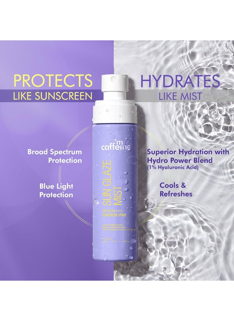 Sun Glaze Mist SPF 50 PA++++ Face Sunscreen Spray | 1% Hyaluronic Acid for Hydration| No White Cast | Easy Application Over Makeup & Quick Absorbing Sunscreen Spray