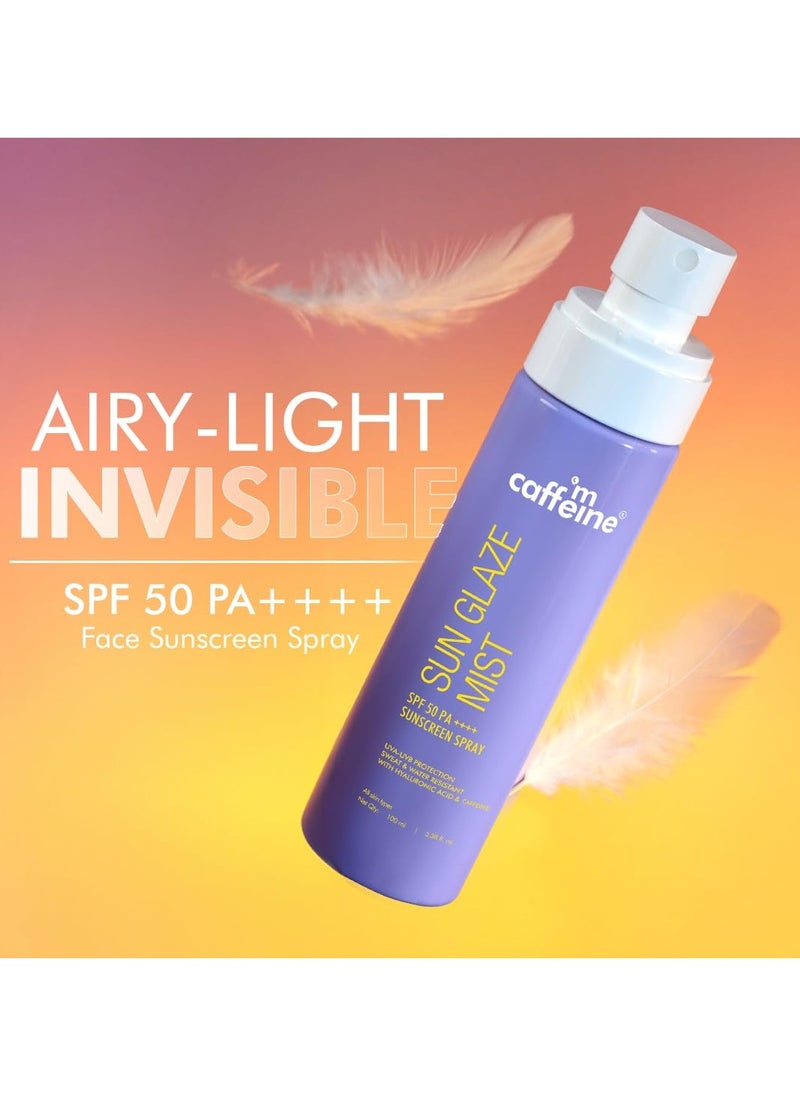 Sun Glaze Mist SPF 50 PA++++ Face Sunscreen Spray | 1% Hyaluronic Acid for Hydration| No White Cast | Easy Application Over Makeup & Quick Absorbing Sunscreen Spray