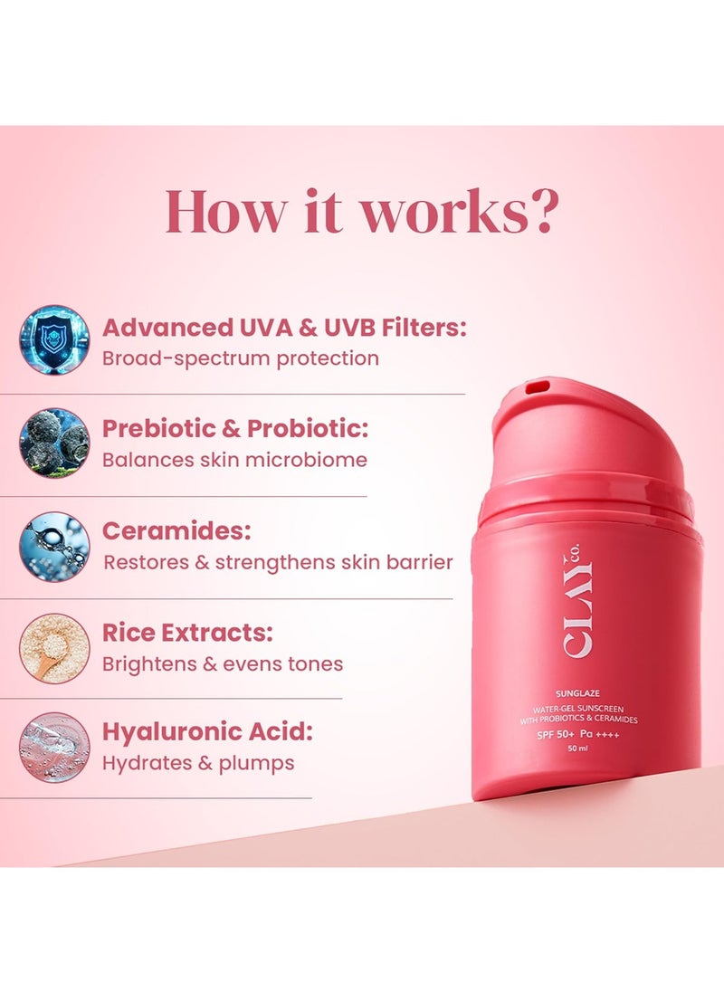 Sunglaze Sunscreen SPF 50 PA++++ | Probiotic & Ceramide-Infused | Lightweight, Non-Greasy & Fast-Absorbing | Broad Spectrum UVA, UVB & Blue Light Protection | Hydrating & Brightening | For All Skin Types (50ml)