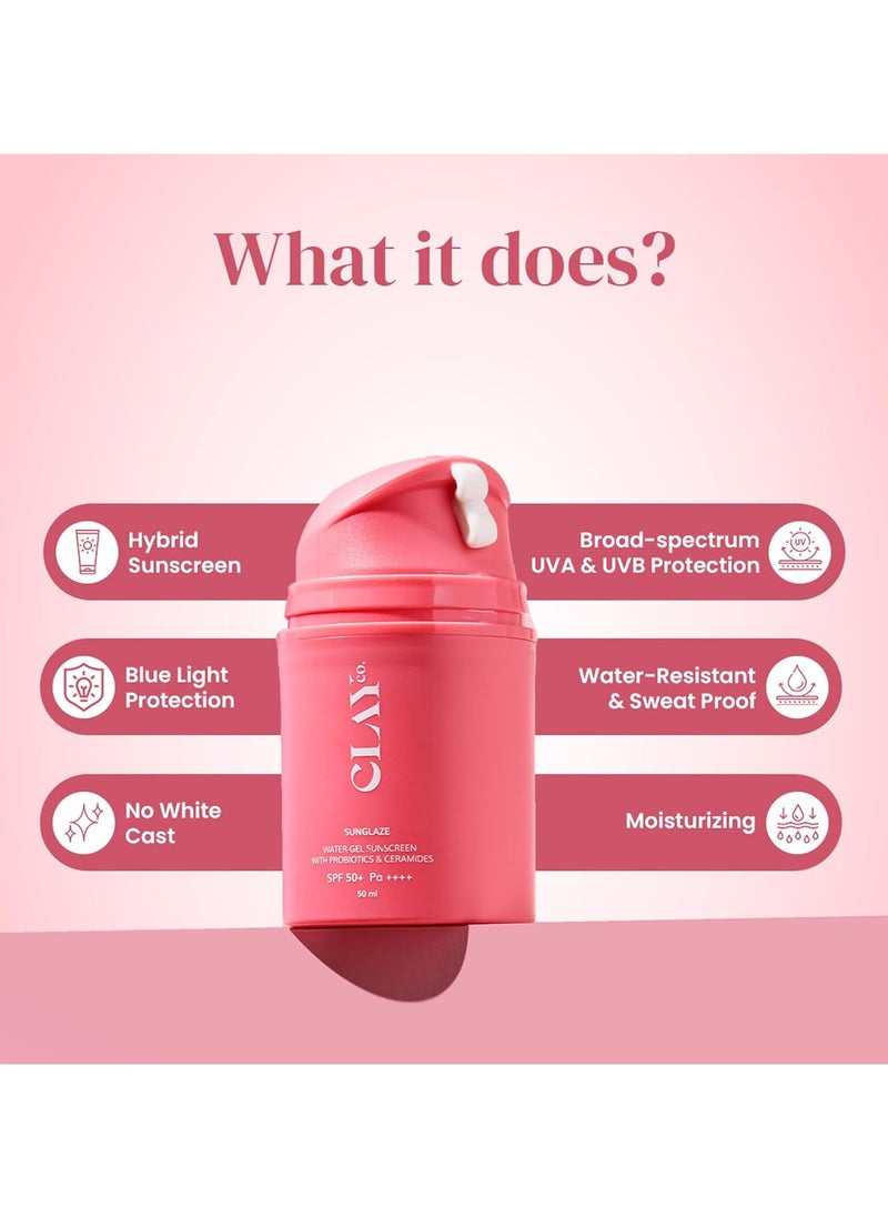 Sunglaze Sunscreen SPF 50 PA++++ | Probiotic & Ceramide-Infused | Lightweight, Non-Greasy & Fast-Absorbing | Broad Spectrum UVA, UVB & Blue Light Protection | Hydrating & Brightening | For All Skin Types (50ml)