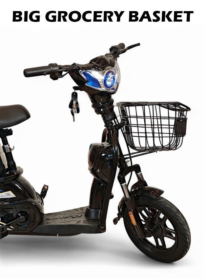 M1 Electric Delivery Bike 400W Motor, 48V 12Ah Battery, 55KM/H Max Speed, Dual Seat, 14 Inches Tires, Front Grocery Basket, Remote Lock Unlock System, Carbon Alloy Frame. 3-Speed Modes E-Bike