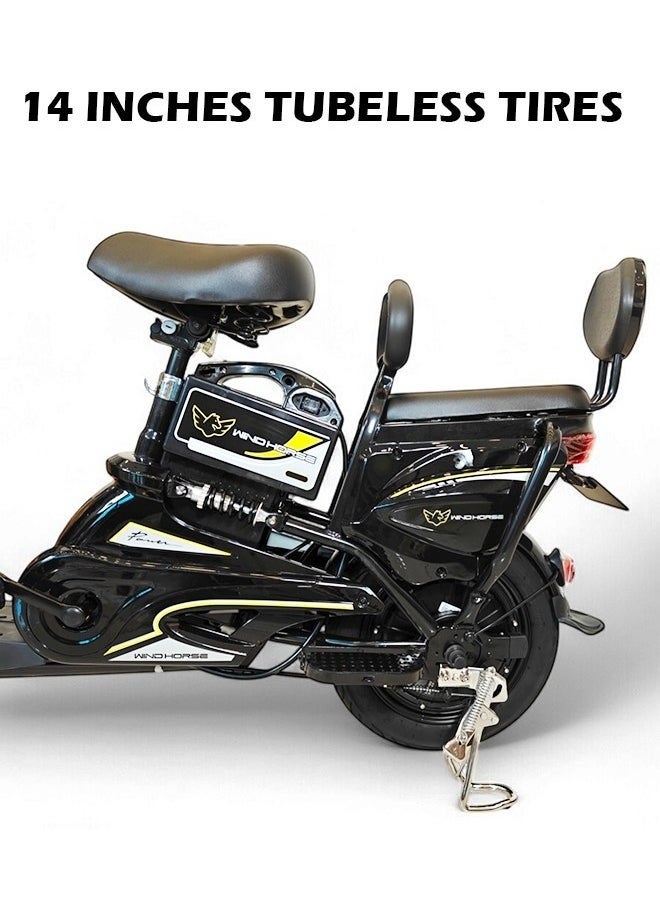 M1 Electric Delivery Bike 400W Motor, 48V 12Ah Battery, 55KM/H Max Speed, Dual Seat, 14 Inches Tires, Front Grocery Basket, Remote Lock Unlock System, Carbon Alloy Frame. 3-Speed Modes E-Bike