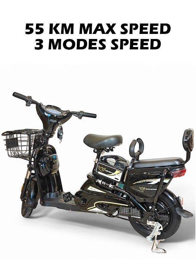 M1 Electric Delivery Bike 400W Motor, 48V 12Ah Battery, 55KM/H Max Speed, Dual Seat, 14 Inches Tires, Front Grocery Basket, Remote Lock Unlock System, Carbon Alloy Frame. 3-Speed Modes E-Bike