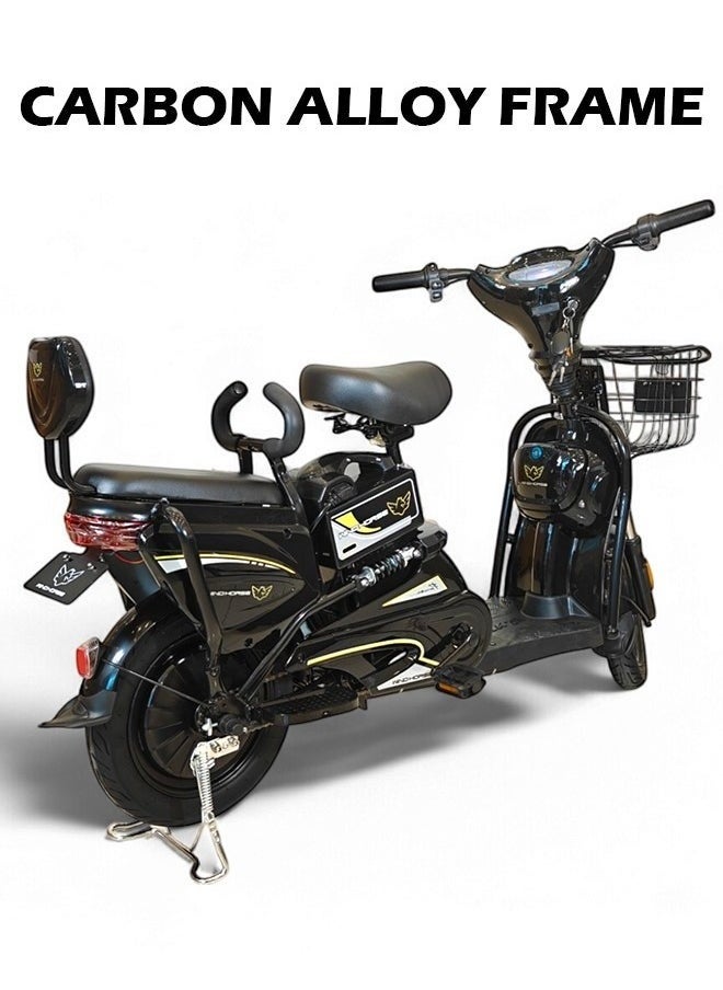 M1 Electric Delivery Bike 400W Motor, 48V 12Ah Battery, 55KM/H Max Speed, Dual Seat, 14 Inches Tires, Front Grocery Basket, Remote Lock Unlock System, Carbon Alloy Frame. 3-Speed Modes E-Bike