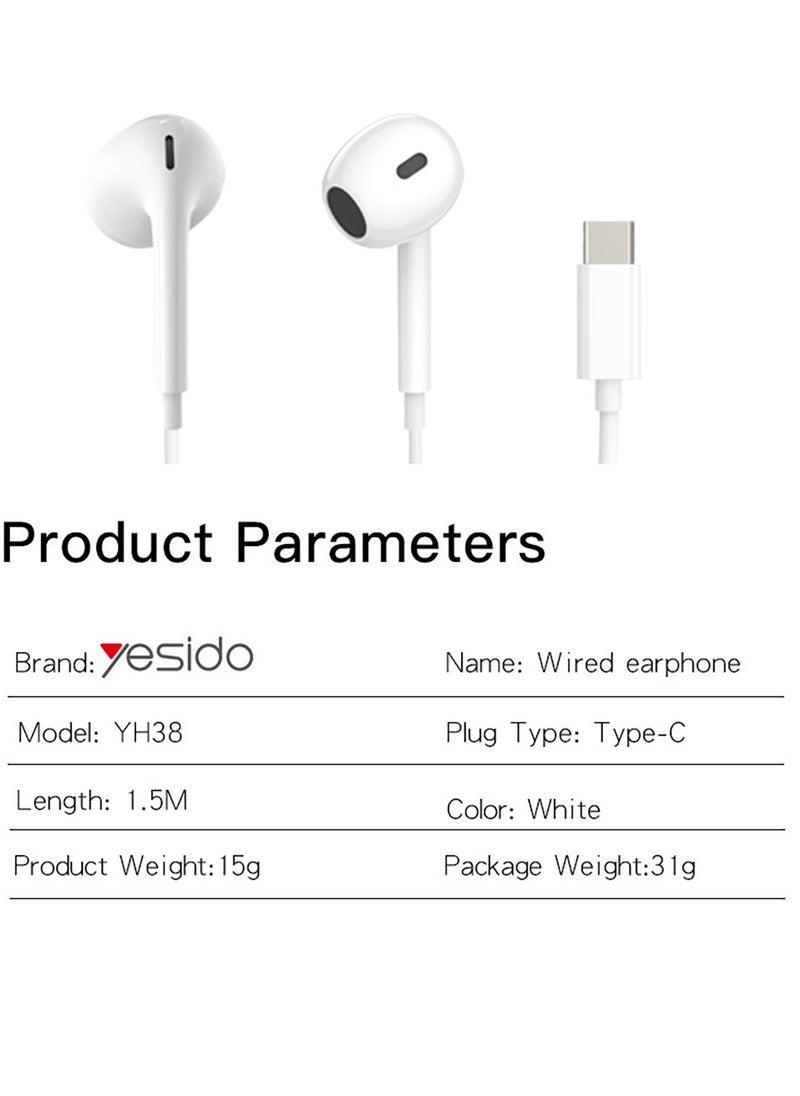 YH38 Type-C Wired Earphones with Microphone – High Quality Stereo Sound Headset for Smartphones, USB-C Earbuds with In-Line Controls for Music & Calls – White