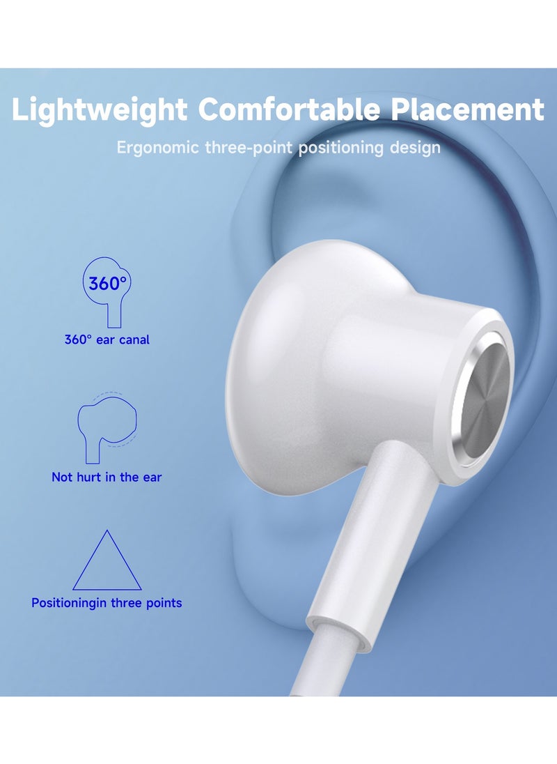 Type-C Wired Earphones, In-Ear Headphones with Mic, Volume Control, Hi-Res Sound, Noise Cancelling, Magnetic Buds – Compatible with Samsung, iPhone 15 Pro Max, iPad, MacBook – White