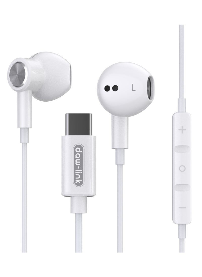 Dawlink Type-C Wired Earphones, In-Ear Headphones with Mic, Volume Control, Hi-Res Sound, Noise Cancelling, Magnetic Buds – Compatible with Samsung, iPhone 15 Pro Max, iPad, MacBook – White