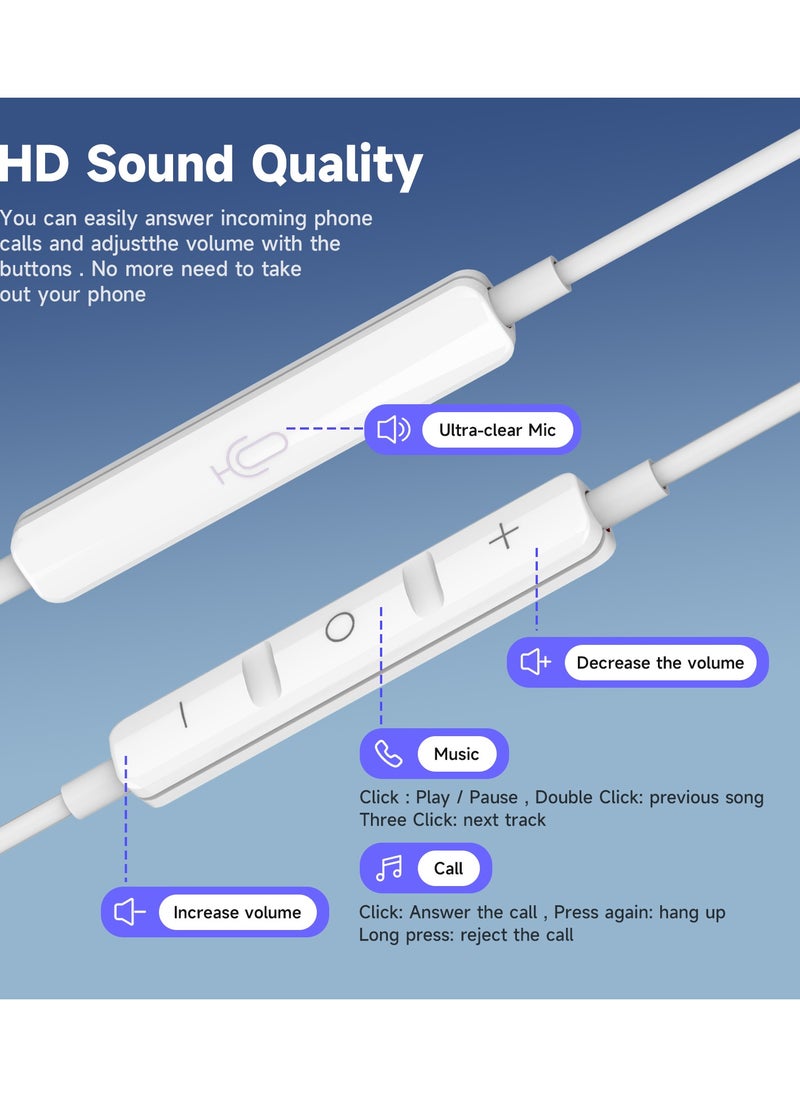 Type-C Wired Earphones, In-Ear Headphones with Mic, Volume Control, Hi-Res Sound, Noise Cancelling, Magnetic Buds – Compatible with Samsung, iPhone 15 Pro Max, iPad, MacBook – White