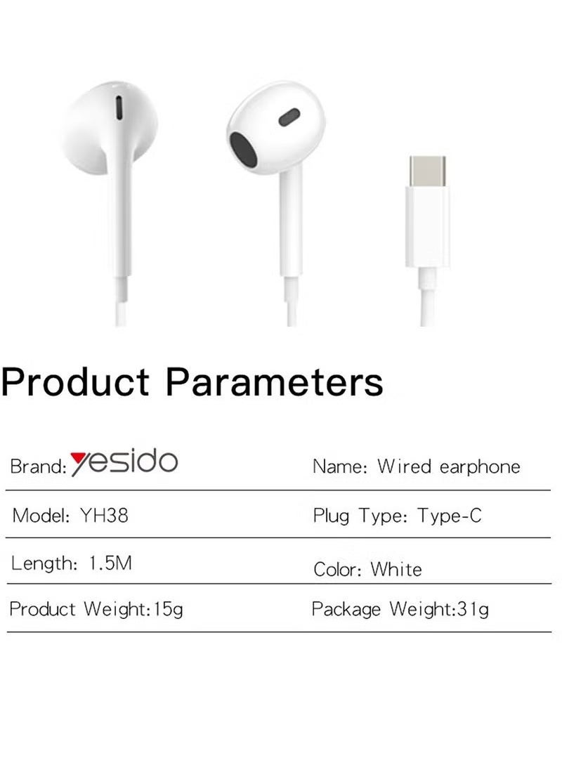YH38 Type‑C Wired Earphones with Microphone – High‑Quality Stereo Sound Headset for USB‑C Smartphones, In‑Line Remote Controls for Music & Calls, Noise‑Isolating Earbuds with Durable Tangle‑Free Cable – White