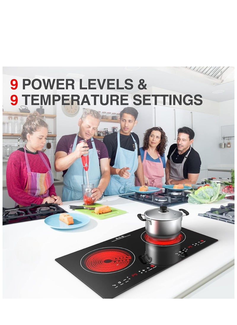 Electric Cooktop 2 Burner – 2800W Built-in Induction Stove with Finger Touch Control, 12 Power Levels & Hot Surface Indicator – 120V Fast Heating for Pots/Pans (Black/Silver)