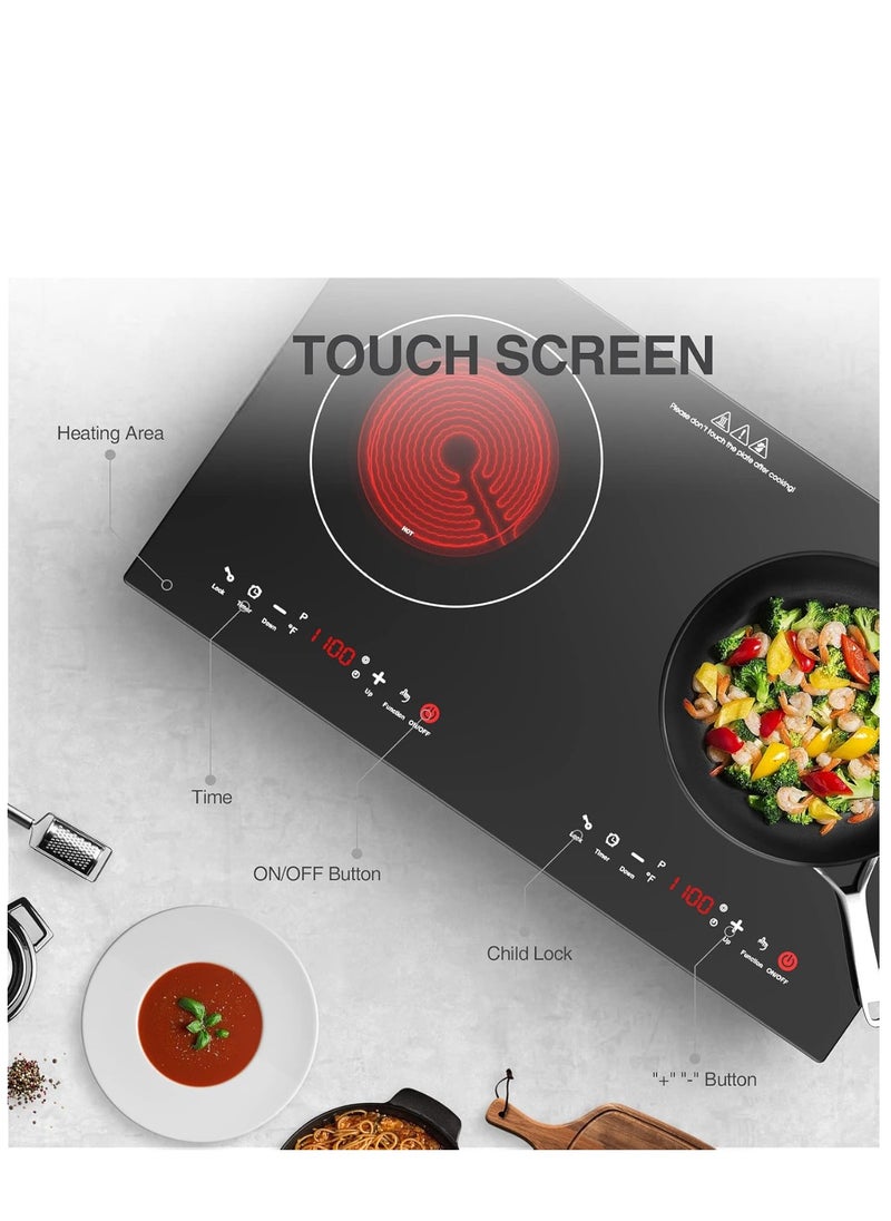 Electric Cooktop 2 Burner – 2800W Built-in Induction Stove with Finger Touch Control, 12 Power Levels & Hot Surface Indicator – 120V Fast Heating for Pots/Pans (Black/Silver)