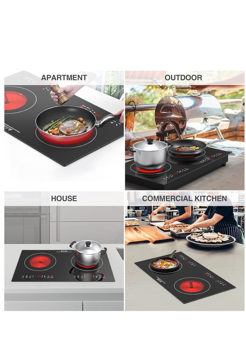 Electric Cooktop 2 Burner – 2800W Built-in Induction Stove with Finger Touch Control, 12 Power Levels & Hot Surface Indicator – 120V Fast Heating for Pots/Pans (Black/Silver)