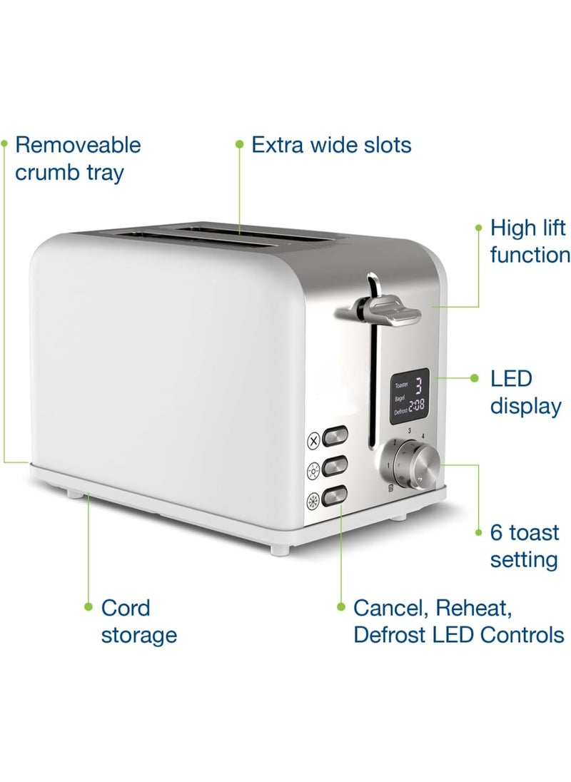Slice Digital Toaster – 2-Slice Extra-Wide Slot Toaster with Independent High Lift, 6 Browning Levels, Defrost/Reheat/Bagel Modes – Stainless Steel, Silver – Compact & Even Heating