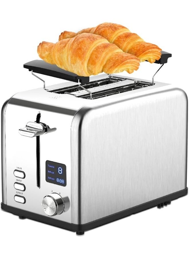Slice Digital Toaster – 2-Slice Extra-Wide Slot Toaster with Independent High Lift, 6 Browning Levels, Defrost/Reheat/Bagel Modes – Stainless Steel, Silver – Compact & Even Heating