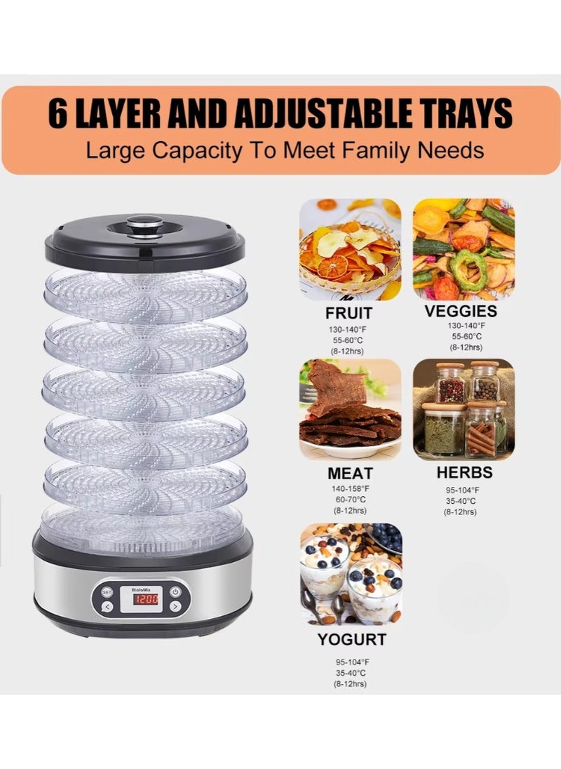 6-Tray Food Dehydrator Machine – Adjustable Temperature Control (95°F–165°F) & 24-Hour Timer – for Drying Fruits, Vegetables, Jerky (Beef/Turkey/Fish), Herbs & DIY Snacks – BPA-Free, Energy-Efficient