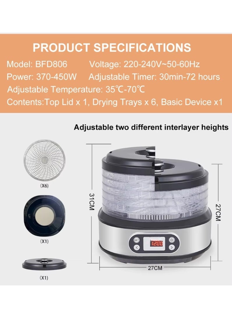 6-Tray Food Dehydrator Machine – Adjustable Temperature Control (95°F–165°F) & 24-Hour Timer – for Drying Fruits, Vegetables, Jerky (Beef/Turkey/Fish), Herbs & DIY Snacks – BPA-Free, Energy-Efficient