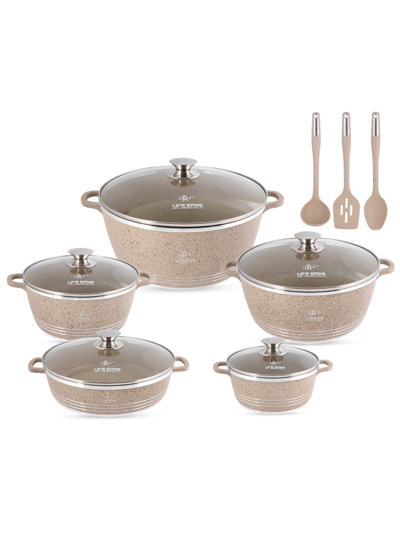 13Pcs Cookware Set Granite Cooking Pots And Pans- Non-Stick Cookwares Silicone Handles Tempered Glass Lids PFOA Free 1xShallow Pots , 4xSoup Pot,1xSpoon,1xSoup ladle ,1xSlotted Turner Casserole Set,Beige