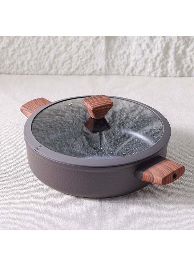 Chef's Delight Bistro Shallow Pot with Lid – Non-Stick Cooking Pot for Gas & Electric Stove – Deep Frying Pan for Kitchen, Stew, Curry, Pasta, Food Prep 28x8cm - Brown