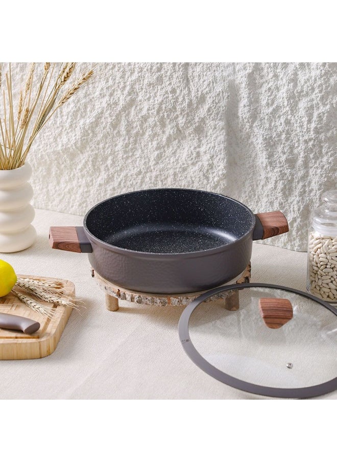 Chef's Delight Bistro Shallow Pot with Lid – Non-Stick Cooking Pot for Gas & Electric Stove – Deep Frying Pan for Kitchen, Stew, Curry, Pasta, Food Prep 28x8cm - Brown