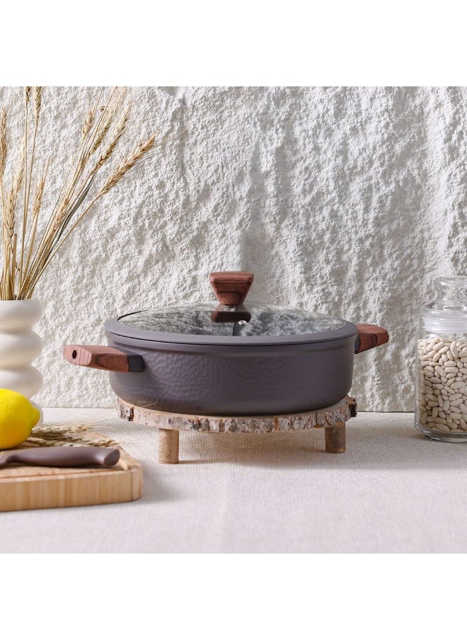 Chef's Delight Bistro Shallow Pot with Lid – Non-Stick Cooking Pot for Gas & Electric Stove – Deep Frying Pan for Kitchen, Stew, Curry, Pasta, Food Prep 28x8cm - Brown