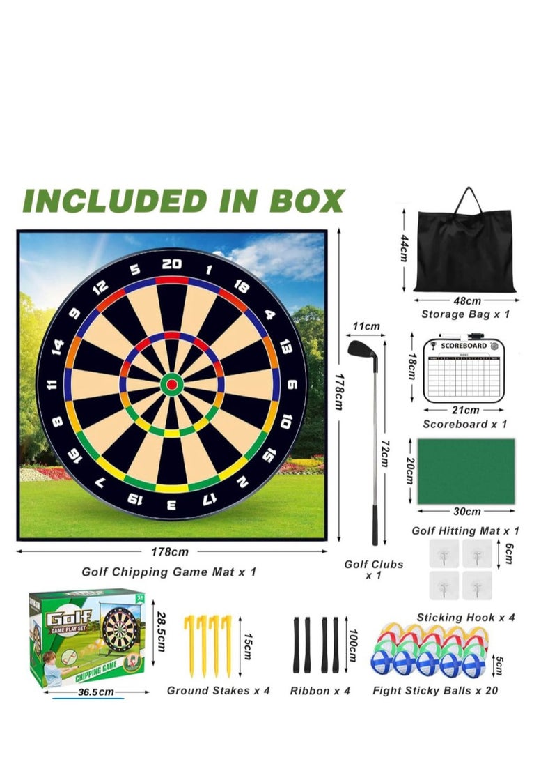 Golf Chipping Game Mat, 178x178cm Golf Training Set with 20 Sticky Balls and Darts, Indoor Outdoor Practice Mats for Adults Kids, Family Play Toys, Includes Golf Clubs, Thoughtful Gift Golfers