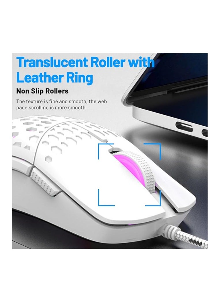 White Wired RGB Gaming Mouse – Lightweight, 4 Adjustable DPI up to 3600, 6 Programmable ons, Ergonomic Design for Windows, Mac, PC, Laptop