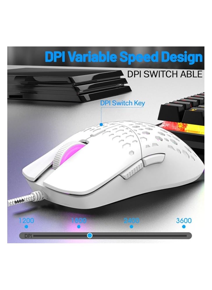 White Wired RGB Gaming Mouse – Lightweight, 4 Adjustable DPI up to 3600, 6 Programmable ons, Ergonomic Design for Windows, Mac, PC, Laptop