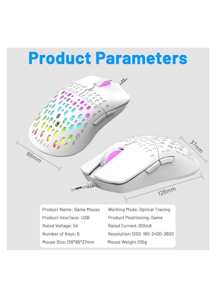 White Wired RGB Gaming Mouse – Lightweight, 4 Adjustable DPI up to 3600, 6 Programmable ons, Ergonomic Design for Windows, Mac, PC, Laptop
