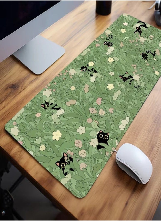 Extended Big Mouse Pad Large,90cm X 40cm X 0.3cm,XL Gaming Mouse Pad Desk Pad,Computer Keyboard Mouse Mat Mousepad ,Black Cat with Flower Pattern