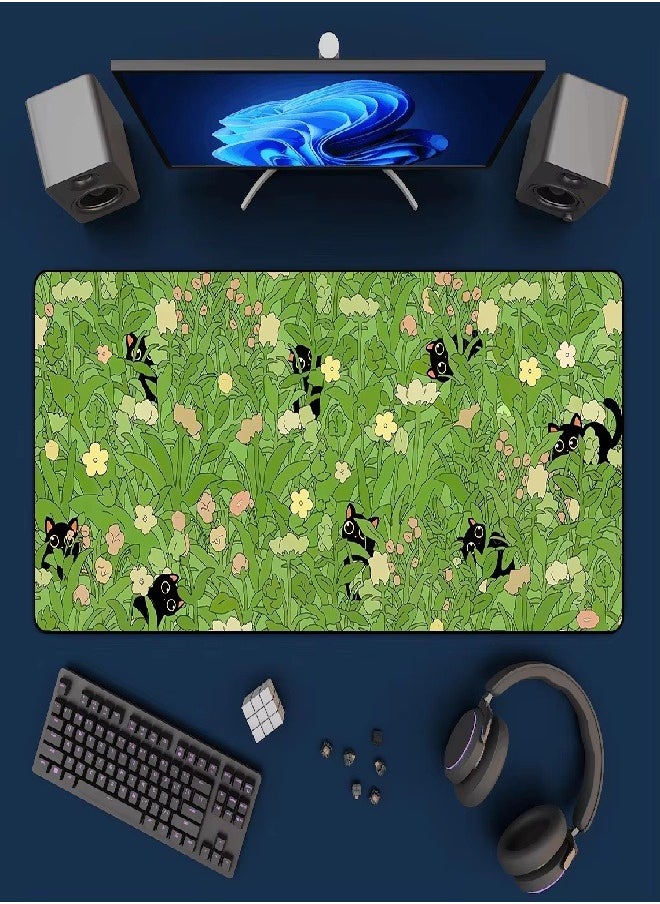 Extended Big Mouse Pad Large,90cm X 40cm X 0.3cm,XL Gaming Mouse Pad Desk Pad,Computer Keyboard Mouse Mat Mousepad ,Black Cat with Flower Pattern