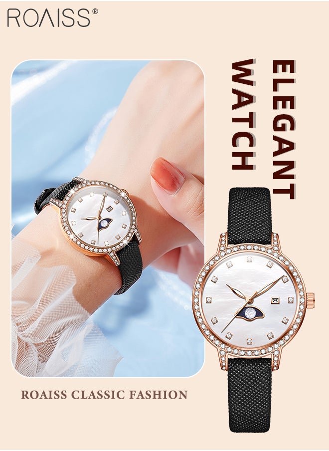 Luxury Quartz Watch for Women, Analog Display Mother of Pearl Dial with Zircon Decoration, Stylish Retro Wristwatch with Moon Phase Date Design, as Gift for Ladies
