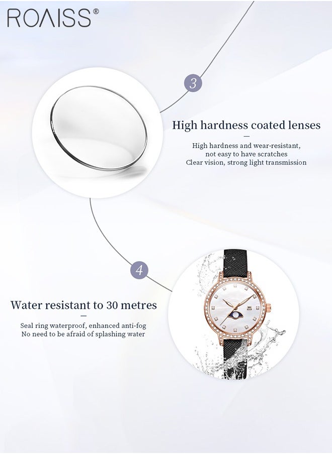 Luxury Quartz Watch for Women, Analog Display Mother of Pearl Dial with Zircon Decoration, Stylish Retro Wristwatch with Moon Phase Date Design, as Gift for Ladies