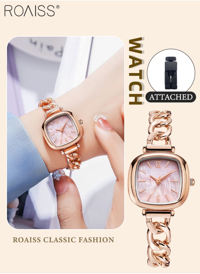 Fashionable Light Luxury Ladies Small Square Watch, Colorful Mother-of-Pearl Dial with Hollow Rose Gold Bracelet, Pink Casual Party Waterproof Wristwatch, as Gift for Women