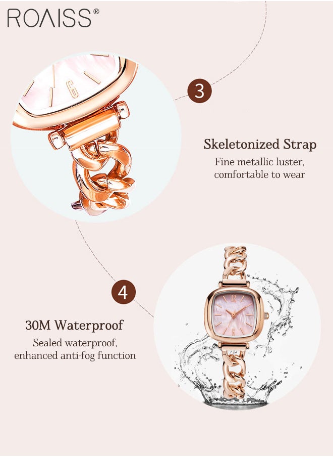 Fashionable Light Luxury Ladies Small Square Watch, Colorful Mother-of-Pearl Dial with Hollow Rose Gold Bracelet, Pink Casual Party Waterproof Wristwatch, as Gift for Women