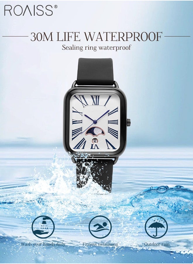 Women's Silicone Strap Quartz Watch, Analog Display Rectangle Dial with Moon Phase, Waterproof Luxurious Fashion Wristwatch as Gift for Ladies