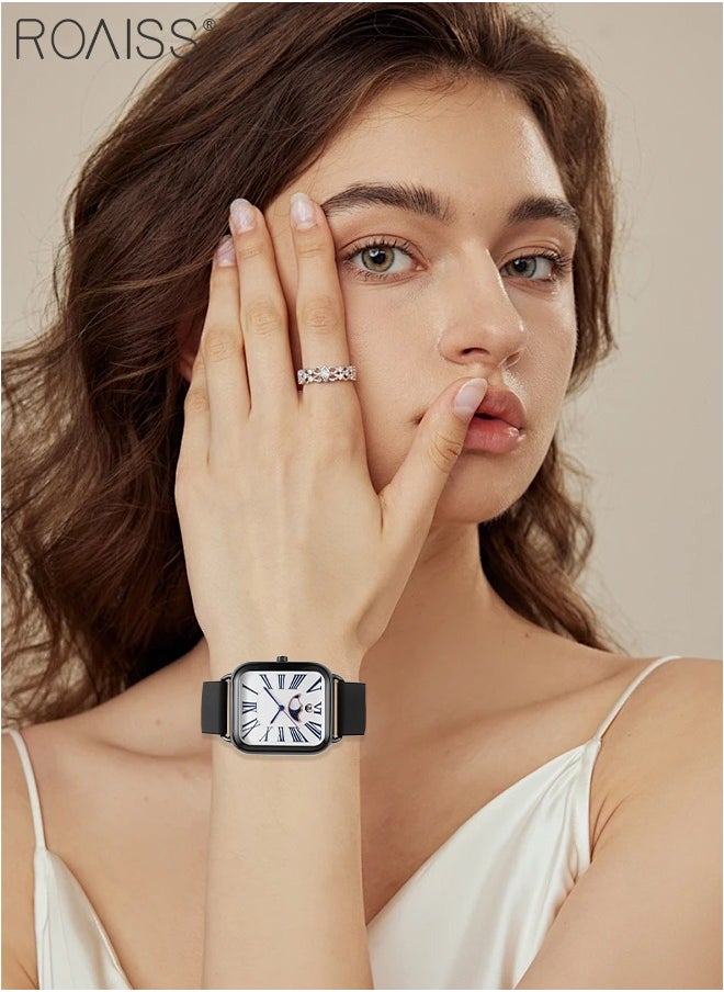 Women's Silicone Strap Quartz Watch, Analog Display Rectangle Dial with Moon Phase, Waterproof Luxurious Fashion Wristwatch as Gift for Ladies