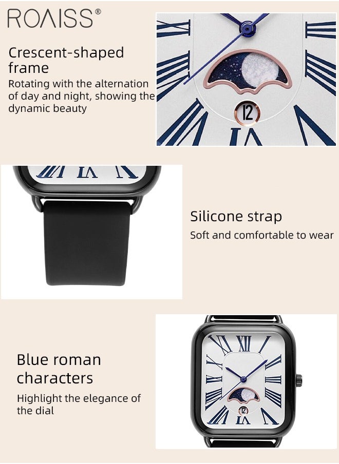 Women's Silicone Strap Quartz Watch, Analog Display Rectangle Dial with Moon Phase, Waterproof Luxurious Fashion Wristwatch as Gift for Ladies