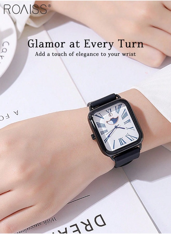 Women's Silicone Strap Quartz Watch, Analog Display Rectangle Dial with Moon Phase, Waterproof Luxurious Fashion Wristwatch as Gift for Ladies