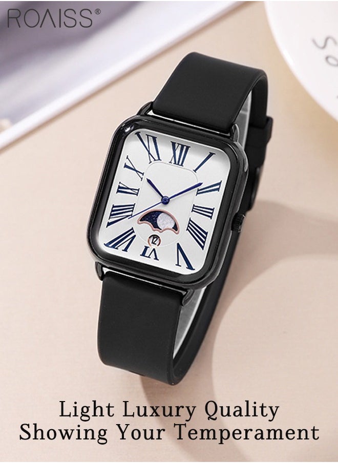 Women's Silicone Strap Quartz Watch, Analog Display Rectangle Dial with Moon Phase, Waterproof Luxurious Fashion Wristwatch as Gift for Ladies